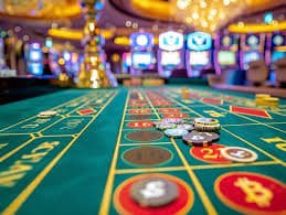 Meja casino style dengan kartu roulette dan pemain yang antusias